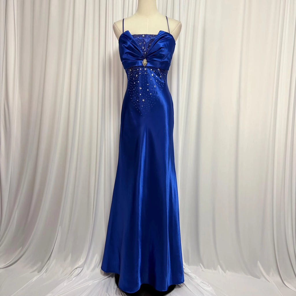 Mermaid Prom Dress Showstopping Spaghetti Strap Beaded Satin In Royal Blue Floor Length Handmade