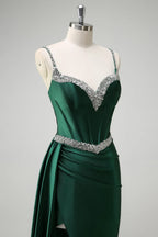 Mermaid Spaghetti Strap Corset Beaded Emerald Maxi Prom Dress With Streamer