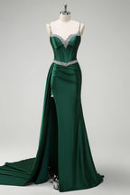Mermaid Spaghetti Strap Corset Beaded Emerald Maxi Prom Dress With Streamer