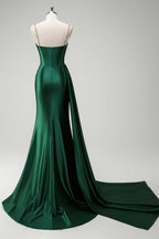 Mermaid Spaghetti Strap Corset Beaded Emerald Maxi Prom Dress With Streamer