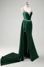 Mermaid Spaghetti Strap Corset Beaded Emerald Maxi Prom Dress With Streamer