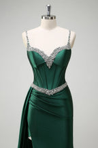 Mermaid Spaghetti Strap Corset Beaded Emerald Maxi Prom Dress With Streamer