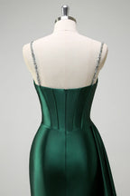 Mermaid Spaghetti Strap Corset Beaded Emerald Maxi Prom Dress With Streamer