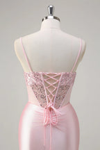 Mermaid Spaghetti Strap Corset Ruched Sequin Beaded Pink Maxi Prom Dress