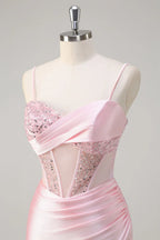Mermaid Spaghetti Strap Corset Ruched Sequin Beaded Pink Maxi Prom Dress