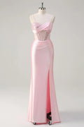 Mermaid Spaghetti Strap Corset Ruched Sequin Beaded Pink Maxi Prom Dress