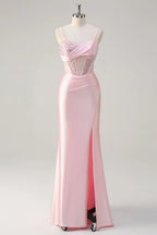 Mermaid Spaghetti Strap Corset Ruched Sequin Beaded Pink Maxi Prom Dress