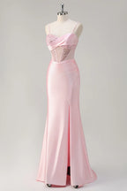 Mermaid Spaghetti Strap Corset Ruched Sequin Beaded Pink Maxi Prom Dress