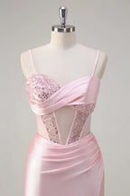 Mermaid Spaghetti Strap Corset Ruched Sequin Beaded Pink Maxi Prom Dress