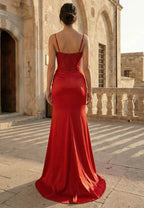 Mermaid Prom Dress For Prom Night With Beaded Corset Bodice In Red Satin Spaghetti Straps Glamorous Red Carpet Ready