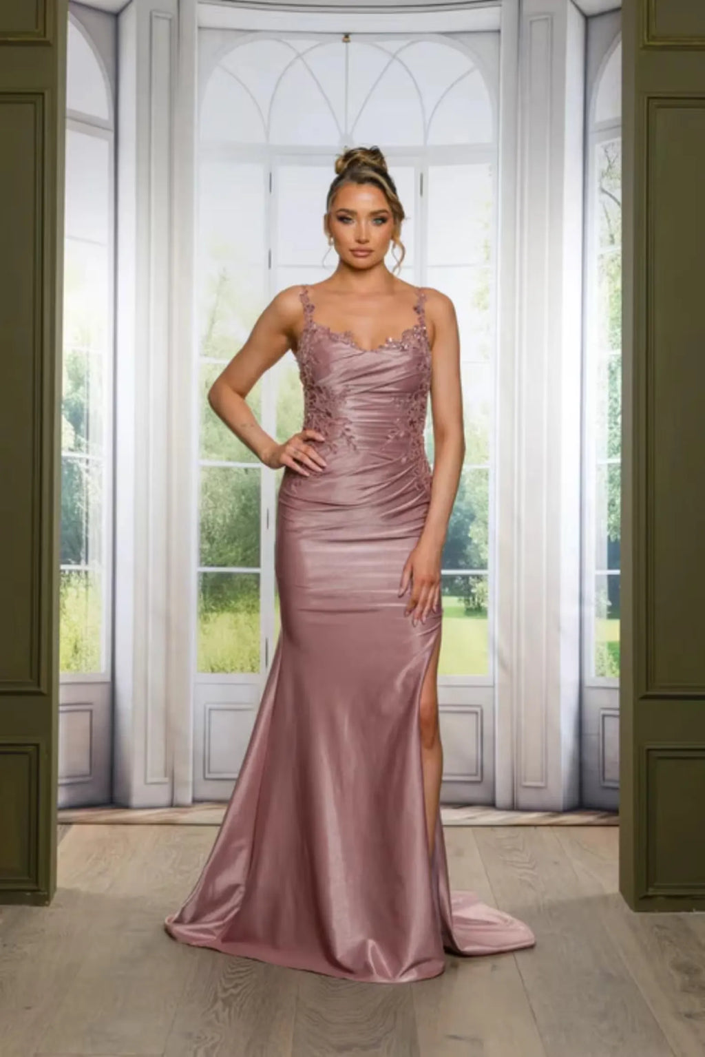 Mermaid Prom Dress Glamorous With Spaghetti Strap Lace Applique Dusty Rose Satin Floor Length Gown For Prom Night