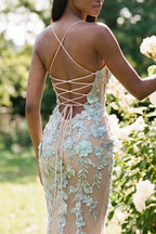 Mermaid Prom Dress Spaghetti Straps Mint Lace Applique Champagne With Train For Elegant Prom Night
