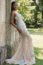 Mermaid Prom Dress Spaghetti Straps Mint Lace Applique Champagne With Train For Elegant Prom Night