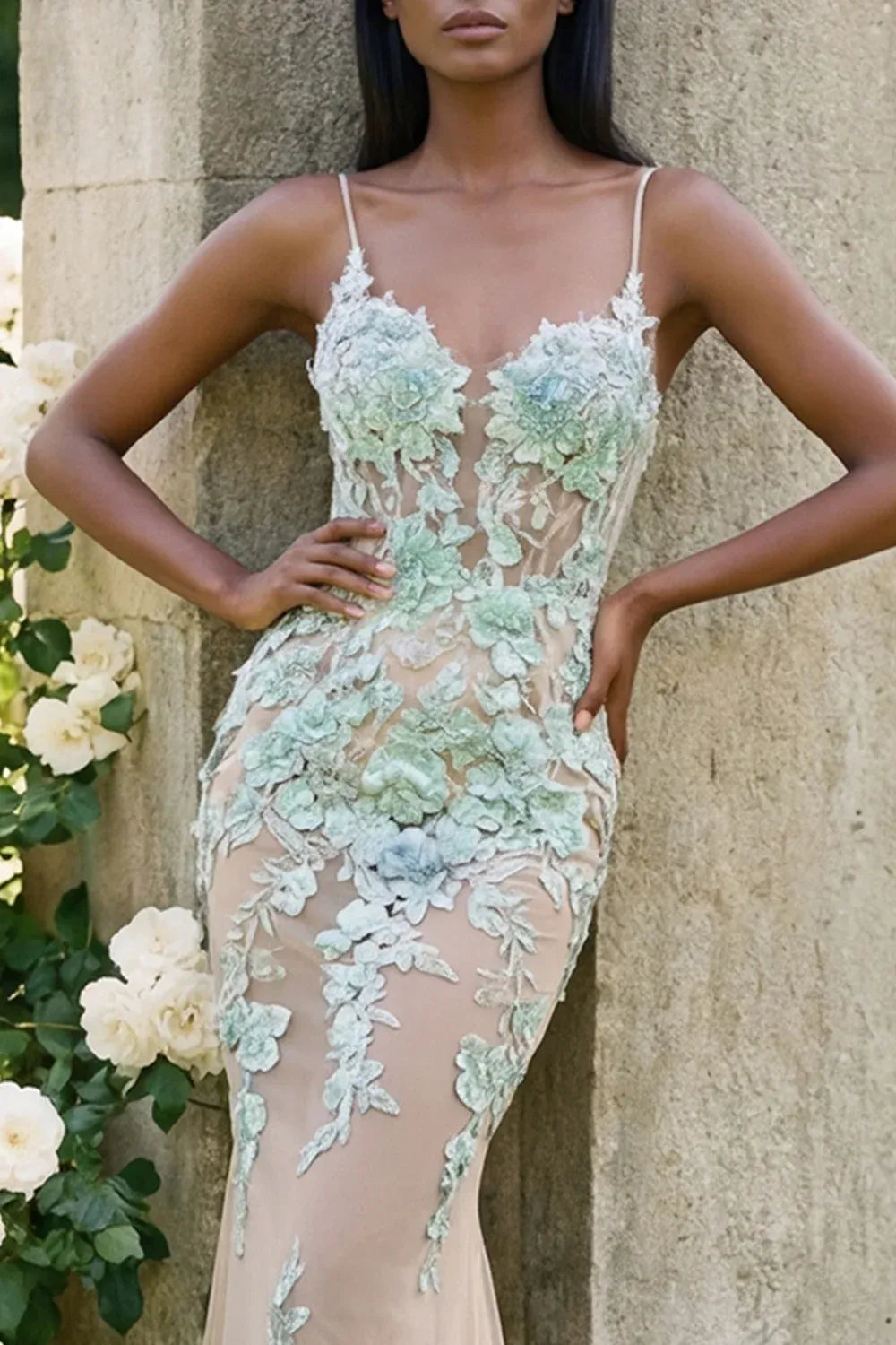 Mermaid Prom Dress Spaghetti Straps Mint Lace Applique Champagne With Train For Elegant Prom Night