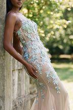 Mermaid Prom Dress Spaghetti Straps Mint Lace Applique Champagne With Train For Elegant Prom Night