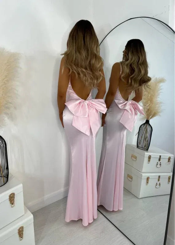 Mermaid Prom Dress With Beaded Spaghetti Straps Open Back Satin Pink Bow For Prom And Formal Events