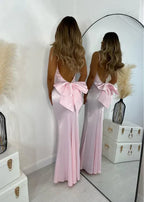 Mermaid Prom Dress With Beaded Spaghetti Straps Open Back Satin Pink Bow For Prom And Formal Events