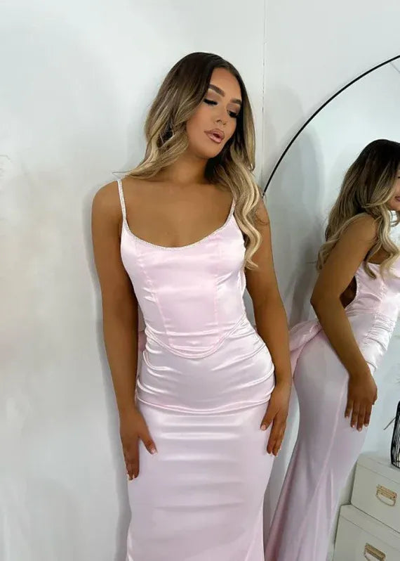 Mermaid Prom Dress With Beaded Spaghetti Straps Open Back Satin Pink Bow For Prom And Formal Events