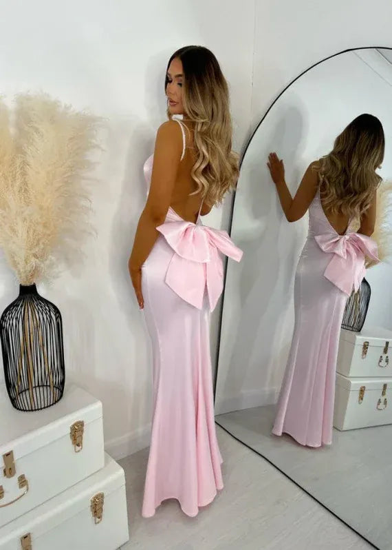 Mermaid Prom Dress With Beaded Spaghetti Straps Open Back Satin Pink Bow For Prom And Formal Events