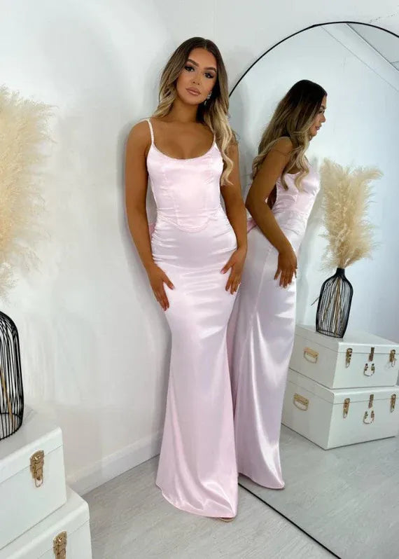Mermaid Prom Dress With Beaded Spaghetti Straps Open Back Satin Pink Bow For Prom And Formal Events