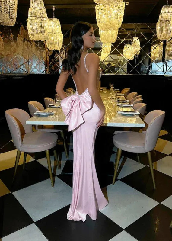 Mermaid Prom Dress With Beaded Spaghetti Straps Open Back Satin Pink Bow For Prom And Formal Events