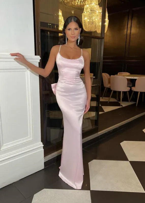 Mermaid Prom Dress With Beaded Spaghetti Straps Open Back Satin Pink Bow For Prom And Formal Events