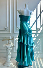 Mermaid Prom Dress Teal Beaded Ruched Spaghetti Straps With Ruffled Floor Length Skirt For Elegant Debutante Gowns