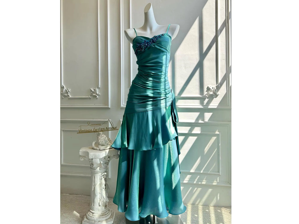Mermaid Prom Dress Teal Beaded Ruched Spaghetti Straps With Ruffled Floor Length Skirt For Elegant Debutante Gowns