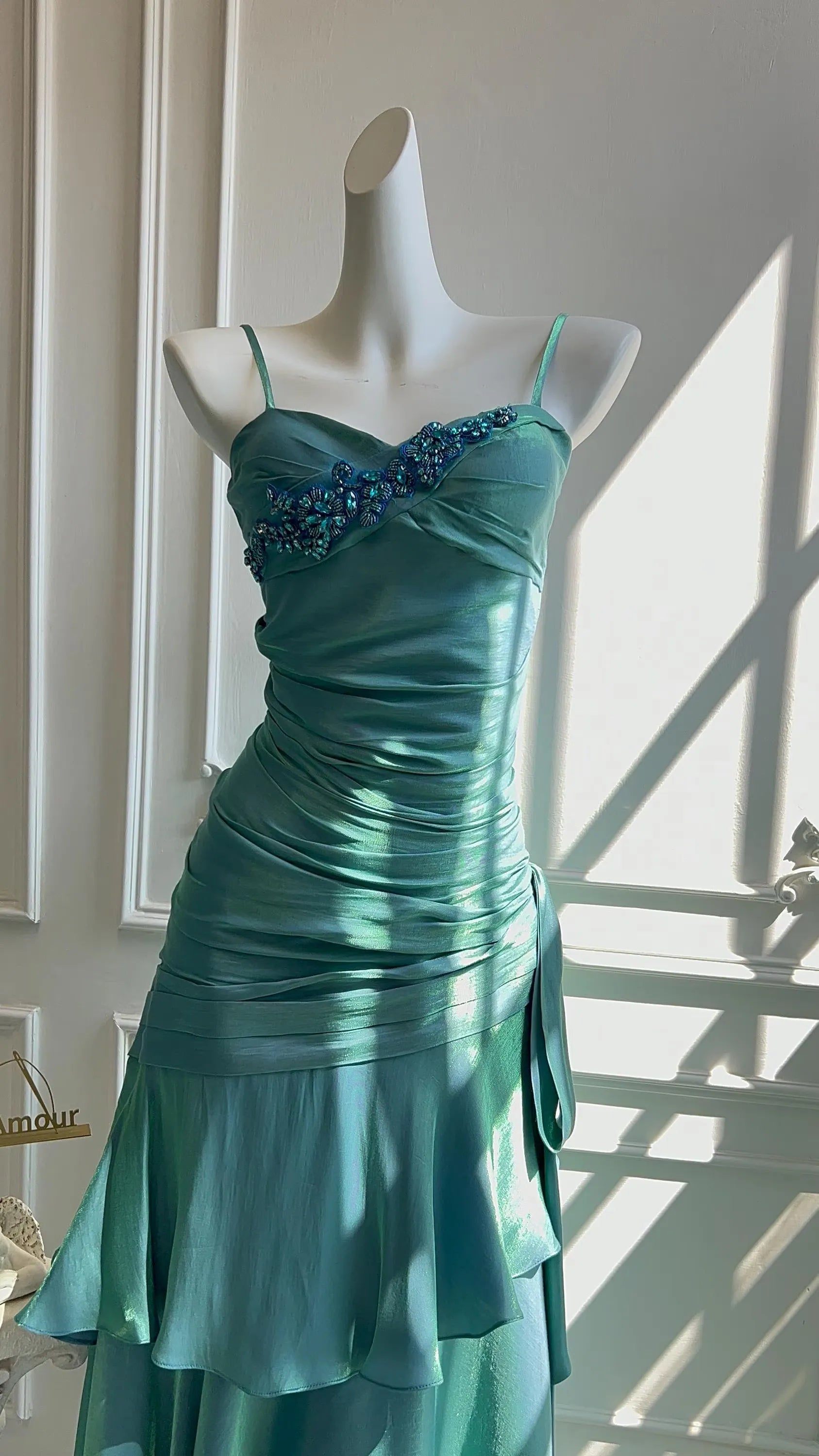 Mermaid Prom Dress Teal Beaded Ruched Spaghetti Straps With Ruffled Floor Length Skirt For Elegant Debutante Gowns