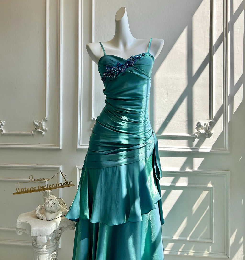 Mermaid Prom Dress Teal Beaded Ruched Spaghetti Straps With Ruffled Floor Length Skirt For Elegant Debutante Gowns