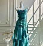 Mermaid Prom Dress Teal Beaded Ruched Spaghetti Straps With Ruffled Floor Length Skirt For Elegant Debutante Gowns