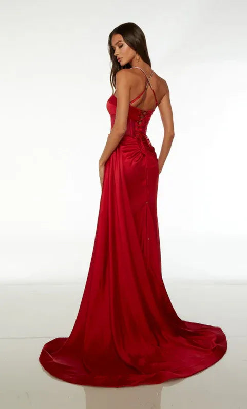 Mermaid Prom Dress For Prom Night With Corset Bodice And Ruched Satin Red Spaghetti Straps Lace Up Train Slit