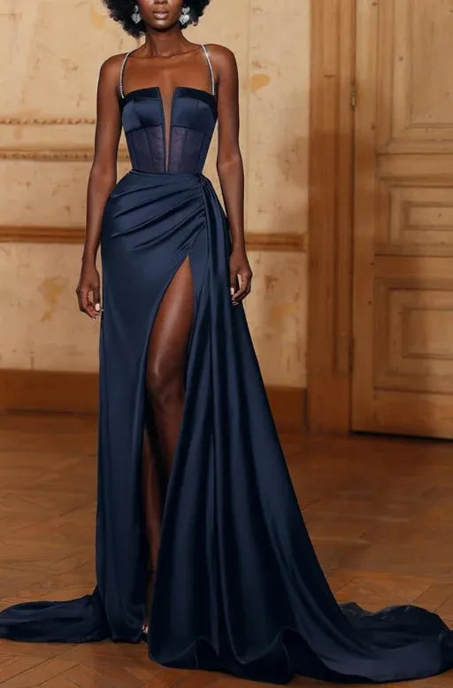 Mermaid Prom Dress For Prom Night With Corset Bodice And Ruched Satin Red Spaghetti Straps Lace Up Train Slit