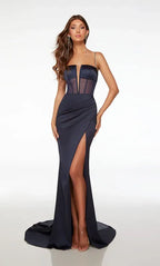 Mermaid Prom Dress For Prom Night With Corset Bodice And Ruched Satin Red Spaghetti Straps Lace Up Train Slit