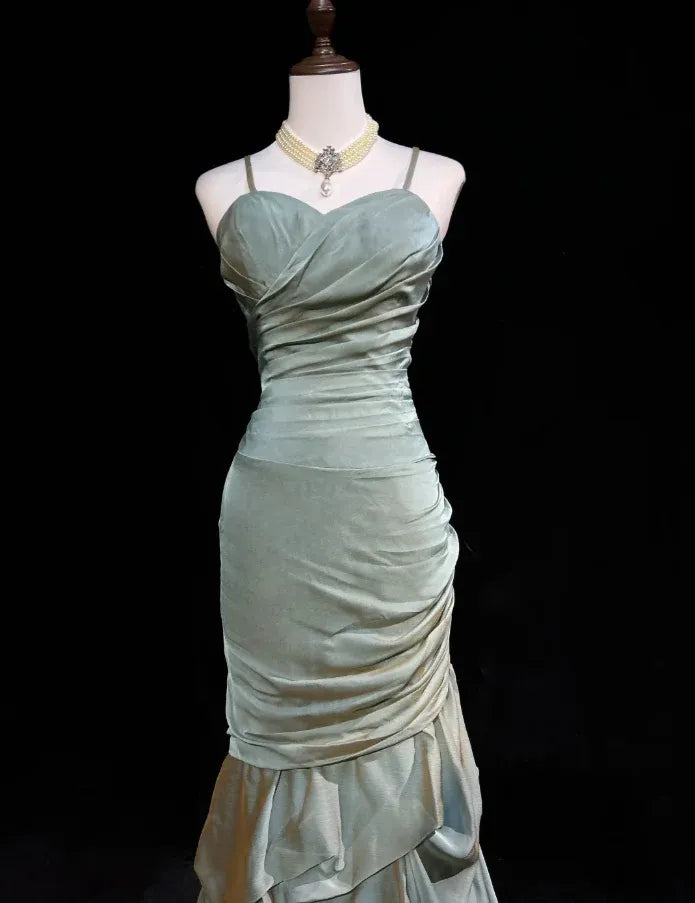 Mermaid Spaghetti Straps Ruched Ruffles Sage Long Prom Dress Hot Sale