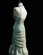 Mermaid Spaghetti Straps Ruched Ruffles Sage Long Prom Dress Hot Sale