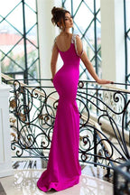 Mermaid Square Neck Beaded Fuchsia Train Prom Dress Hot Sale