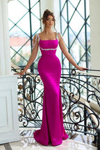 Mermaid Square Neck Beaded Fuchsia Train Prom Dress Hot Sale