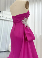 Mermaid Strapless Beaded Prom Dress In Fuchsia Satin Ruched With Slit For Glamorous Prom Goers