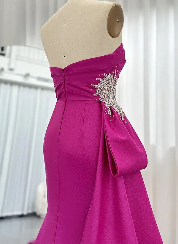 Mermaid Strapless Beaded Prom Dress In Fuchsia Satin Ruched With Slit For Glamorous Prom Goers