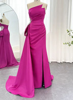 Mermaid Strapless Beaded Prom Dress In Fuchsia Satin Ruched With Slit For Glamorous Prom Goers
