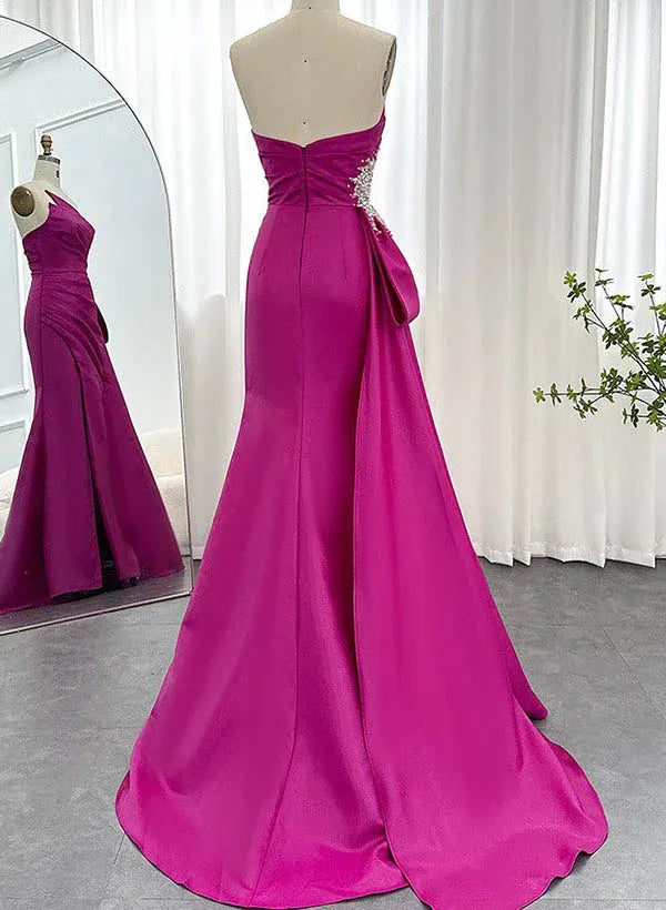 Mermaid Strapless Beaded Prom Dress In Fuchsia Satin Ruched With Slit For Glamorous Prom Goers