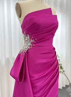 Mermaid Strapless Beaded Prom Dress In Fuchsia Satin Ruched With Slit For Glamorous Prom Goers