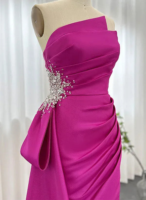Mermaid Strapless Beaded Prom Dress In Fuchsia Satin Ruched With Slit For Glamorous Prom Goers