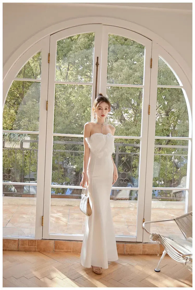 Mermaid Prom Dress Satin White Strapless Bow with 3D Floral Applique Ready To Ship For Modern Prom Queens
