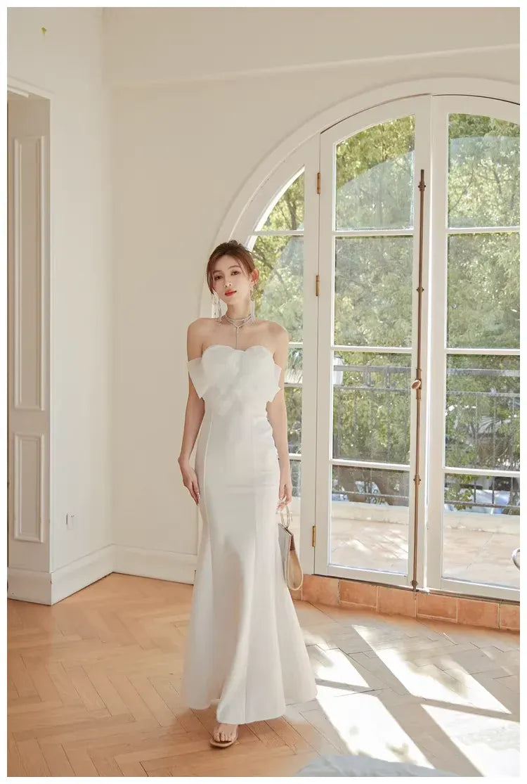 Mermaid Prom Dress Satin White Strapless Bow with 3D Floral Applique Ready To Ship For Modern Prom Queens