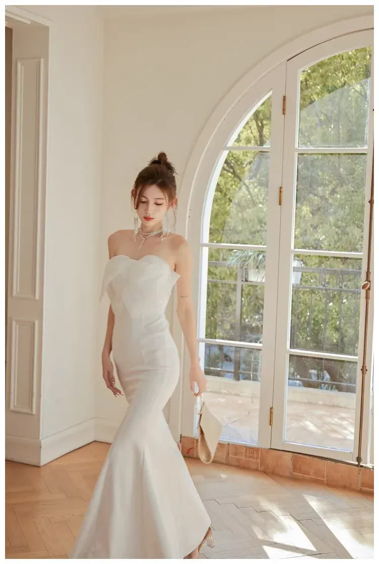 Mermaid Prom Dress Satin White Strapless Bow with 3D Floral Applique Ready To Ship For Modern Prom Queens