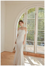 Mermaid Prom Dress Satin White Strapless Bow with 3D Floral Applique Ready To Ship For Modern Prom Queens