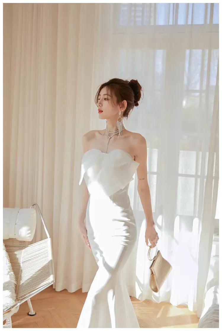 Mermaid Prom Dress Satin White Strapless Bow with 3D Floral Applique Ready To Ship For Modern Prom Queens