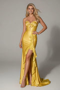 Mermaid Strapless Corset Prom Dress Yellow Satin With Train 3D Bow Ruffle Keyhole For Prom Queens